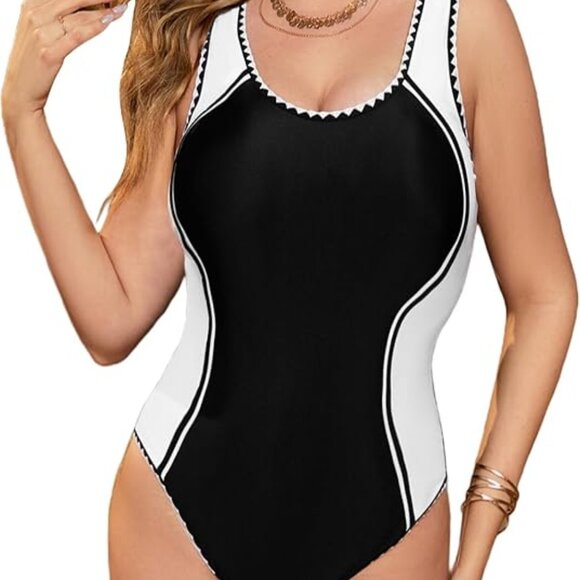 MILUMIA Women One Piece Color Block Bathing Suit Tummy Control Sz M Black/White - Picture 5 of 10